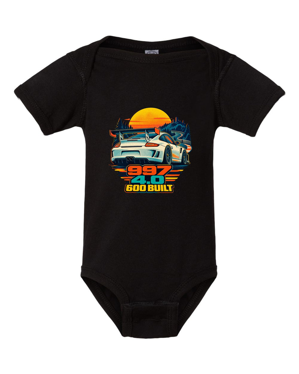 Misregistered risograph print of a Porsche 911 GT3 RS 4.0 997 at sunrise black baby onesie front view with the design
