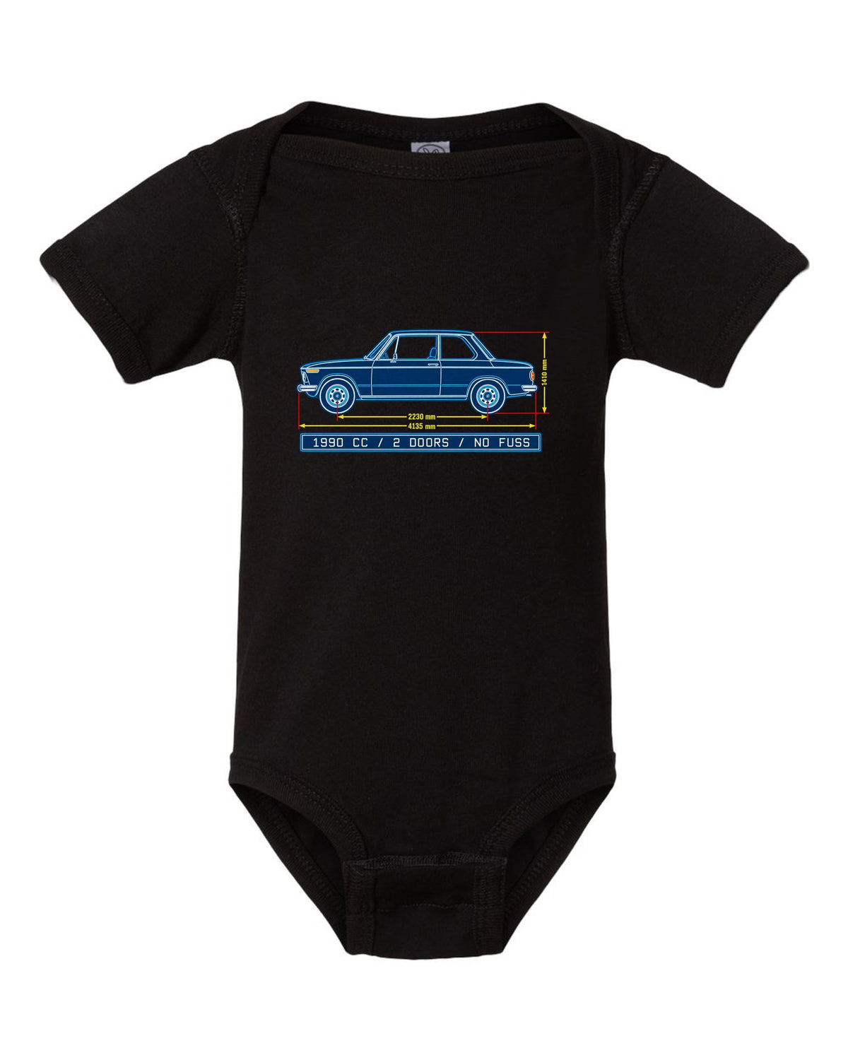 BMW 2002 turbo flared arch linocut woodcut print with 1,672 built text black baby onesie front view with the design