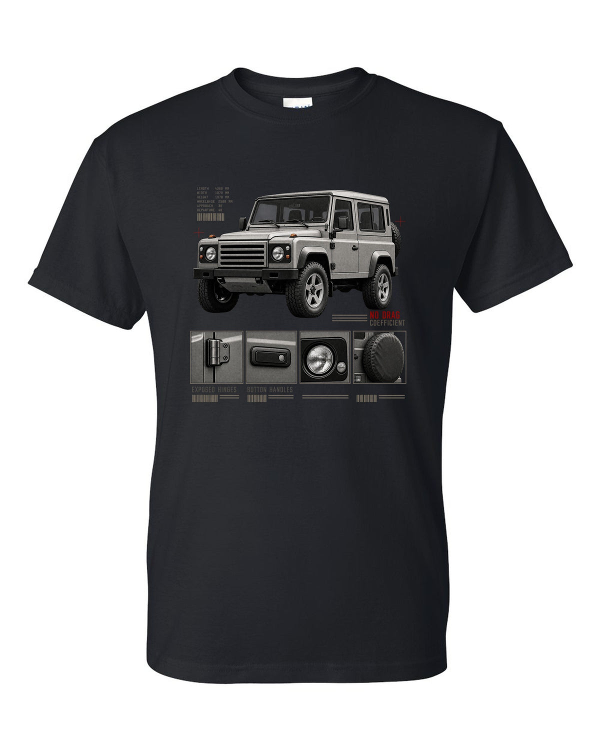 Dossier panel print of a Mercedes G-Class W463 listing exposed hinges and button handles black t-shirt front view with the design