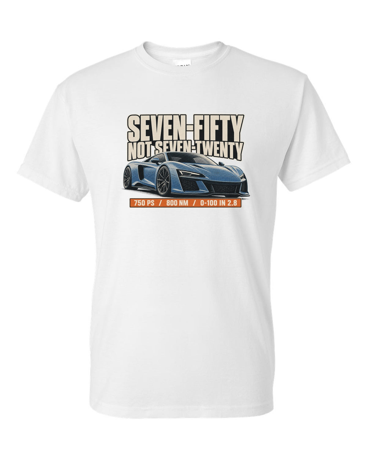 Halftone print of a McLaren 750S with the text seven-fifty not seven-twenty white t-shirt front view with the design