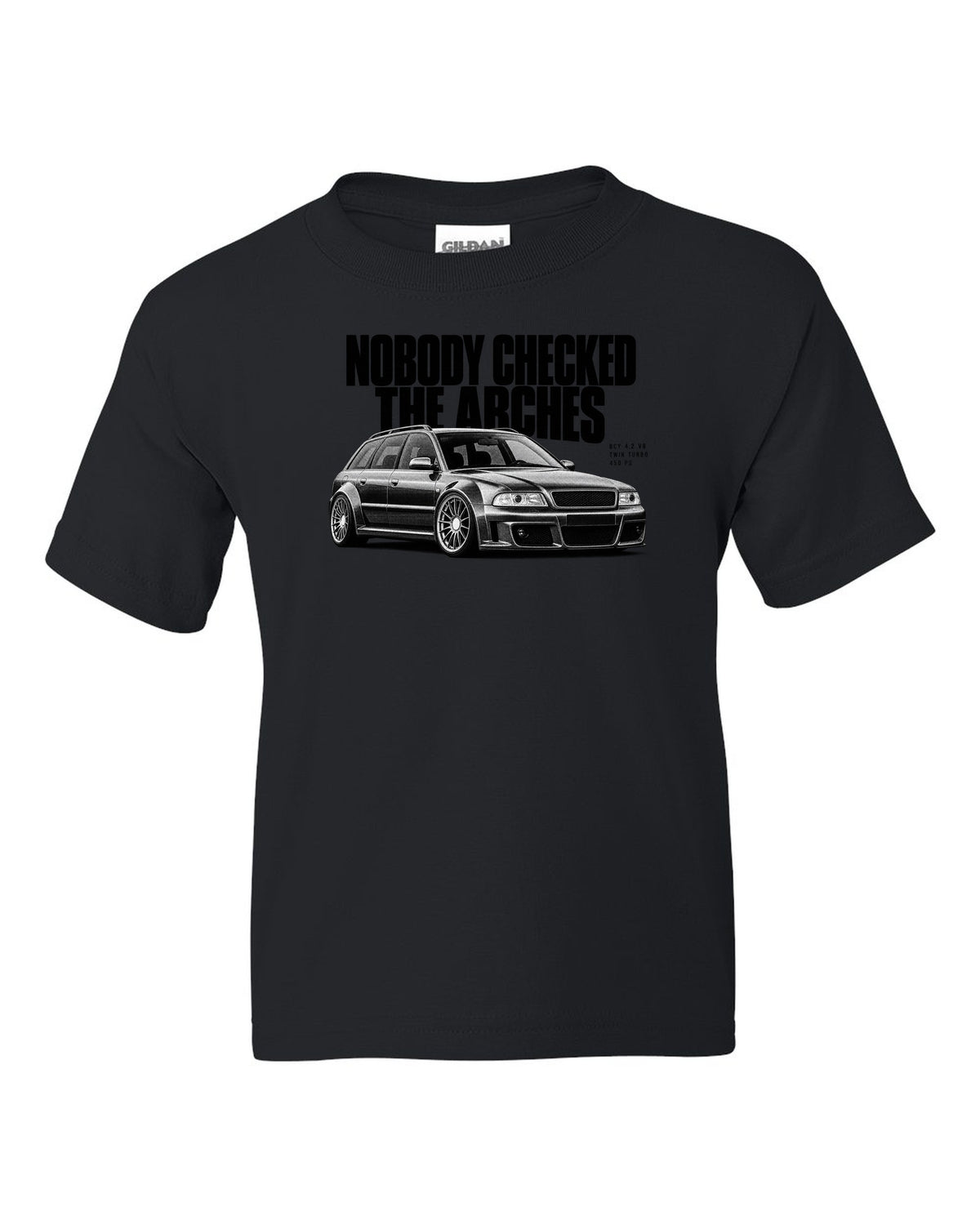 Audi RS6 Avant C5 4B front three-quarter in halftone with arches text black kids tee front view with the design