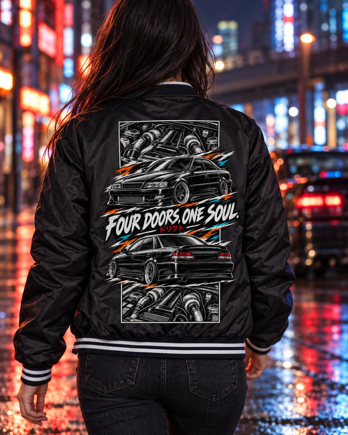 Toyota Chaser Jzx100 Torn Poster Full-Back Graphic Tee Bomber Jacket Black worn hero