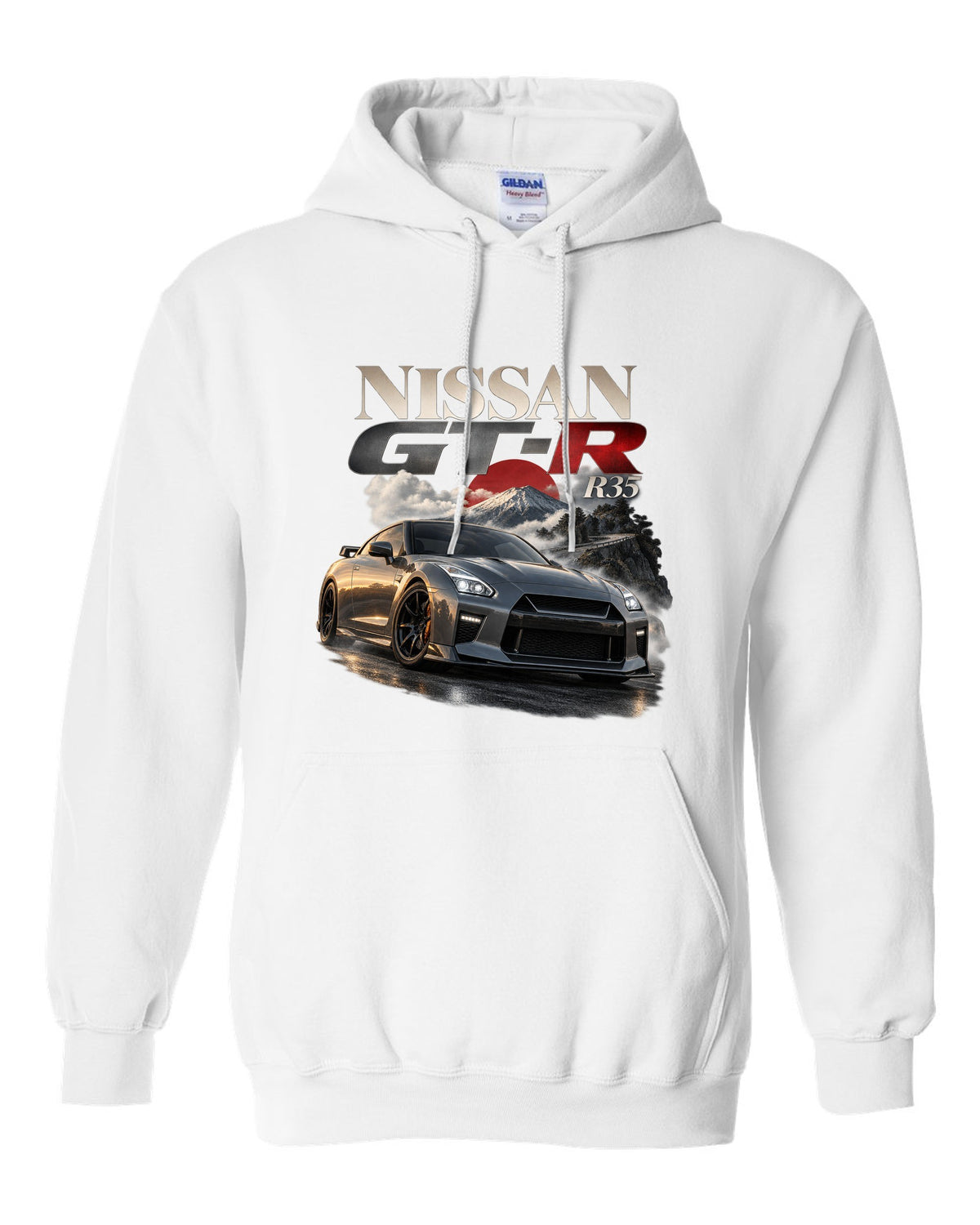 Nissan GT-R R35 2017 facelift in blue on a spec poster layout white pull over hoodie front view with the design