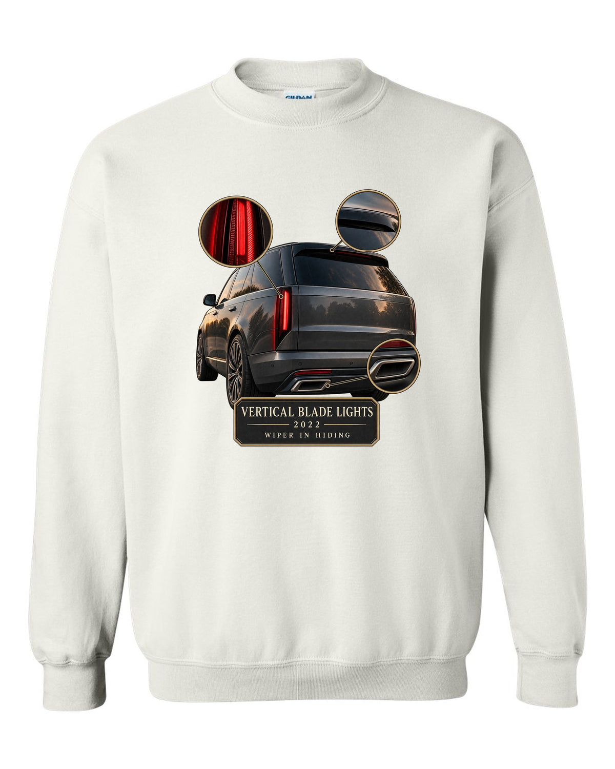 Taillight macro print of the Range Rover L460 with vertical blade lights white crewneck front view with the design
