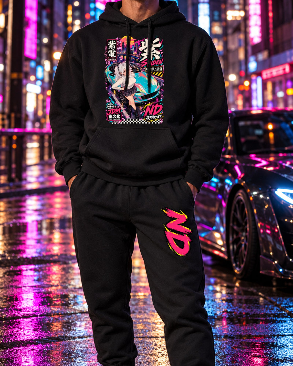 ND Shiden Anime Girl Poster Hoodie + Jogger Set Black worn hero