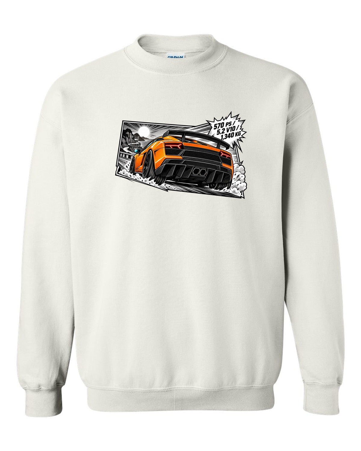 Retro manga halftone panel of a Lamborghini Gallardo LP570-4 Superleggera with spec text white crewneck front view with the design