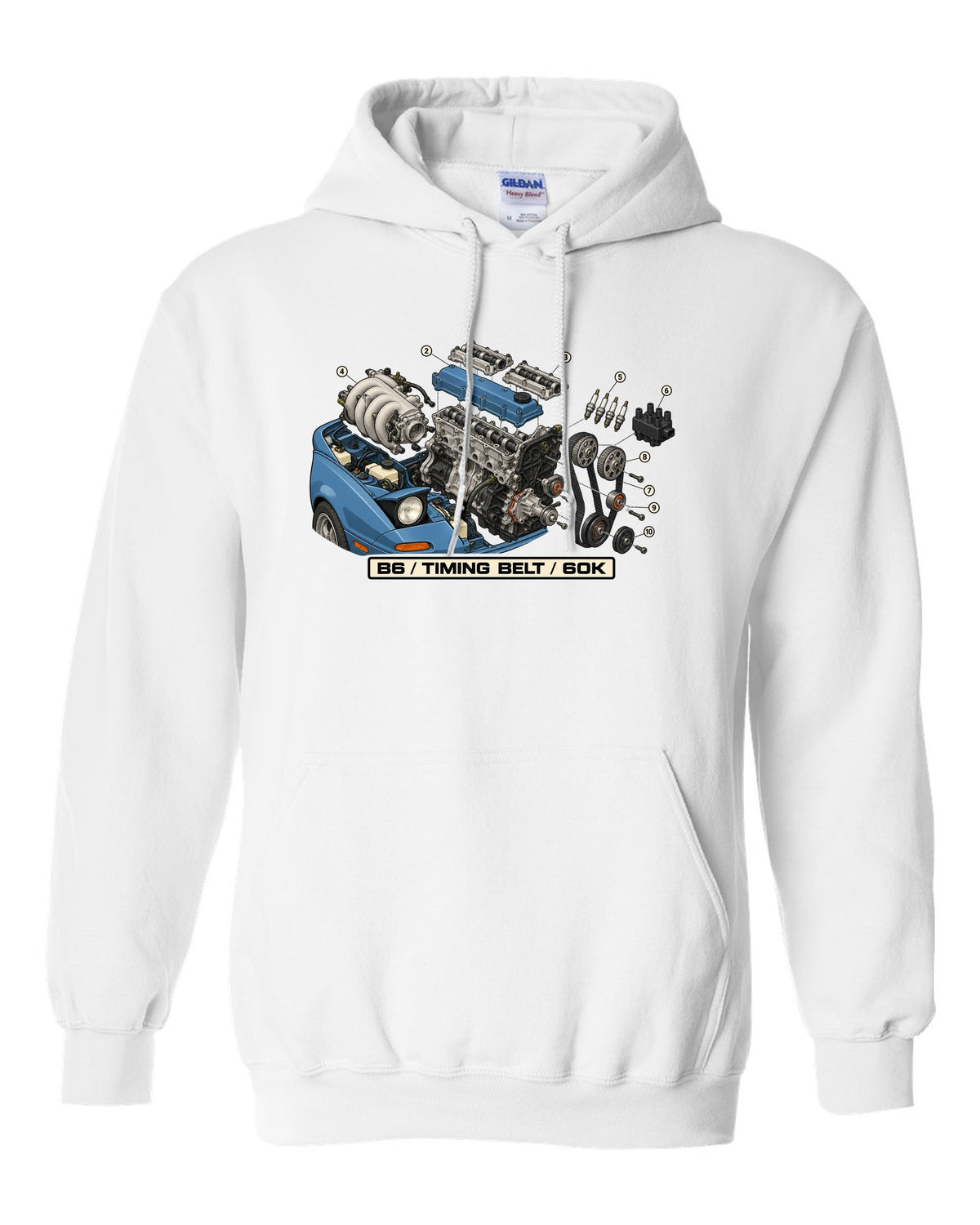 Exploded engine diagram print of a Mazda MX-5 NA B6 1.6L with timing belt 60K text white pull over hoodie front view with the design