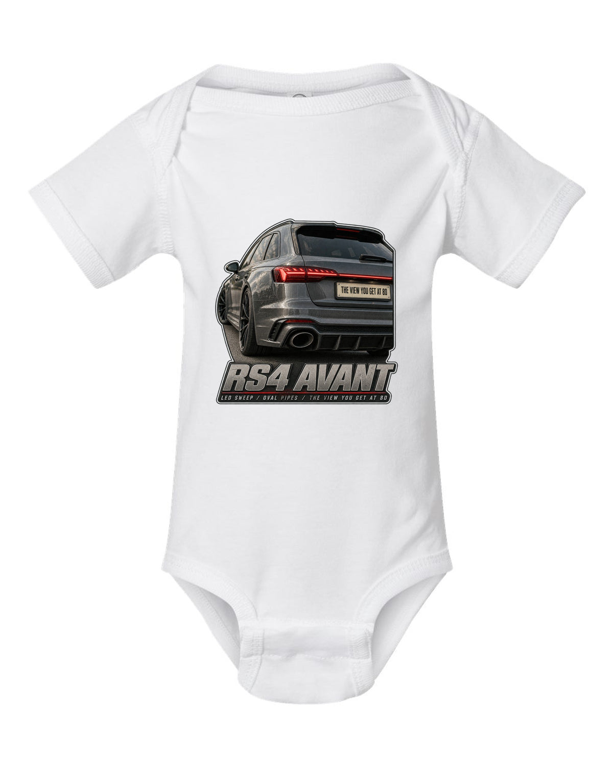 Audi RS4 Avant B9 rear taillight macro with LED sweep and oval pipes print white baby onesie front view with the design