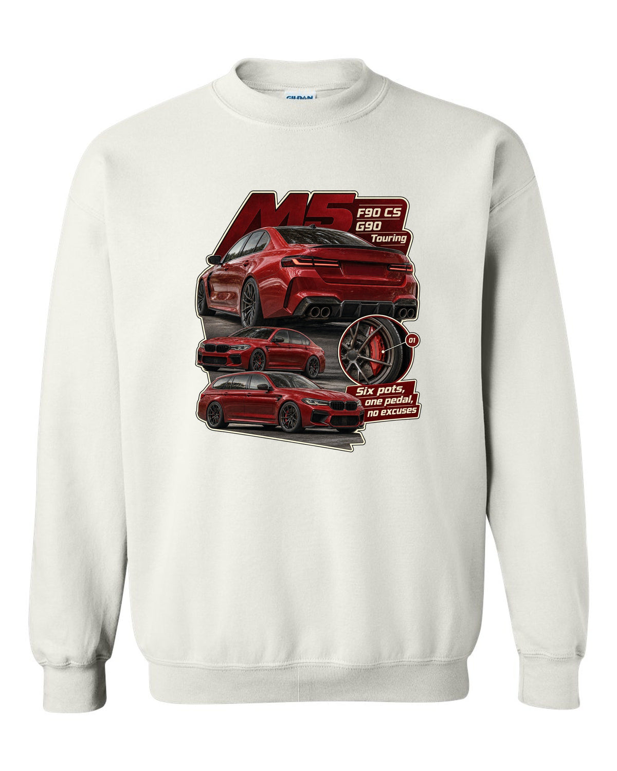 BMW M2 G87 in Toronto Red taillight macro print with six pots one pedal caption white crewneck front view with the design
