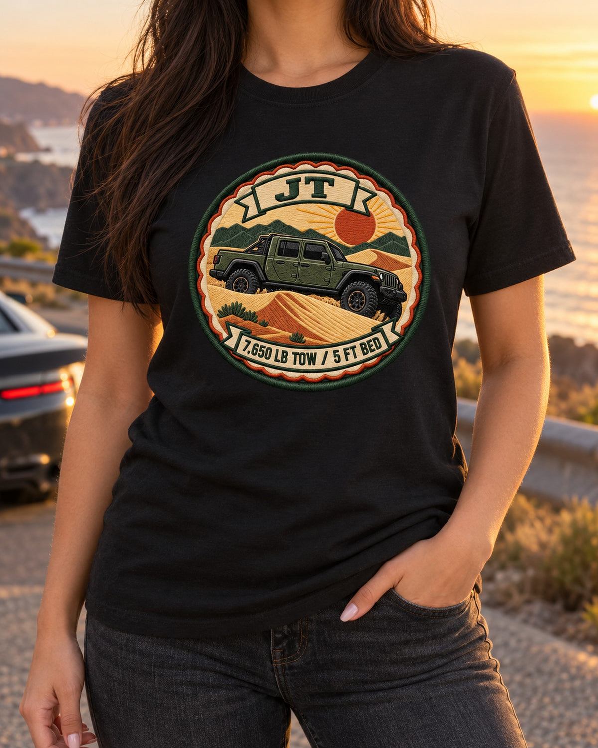 Jeep Gladiator JT Tow Rating Varsity Crest Tee, Truck Gift T-Shirt Black worn hero