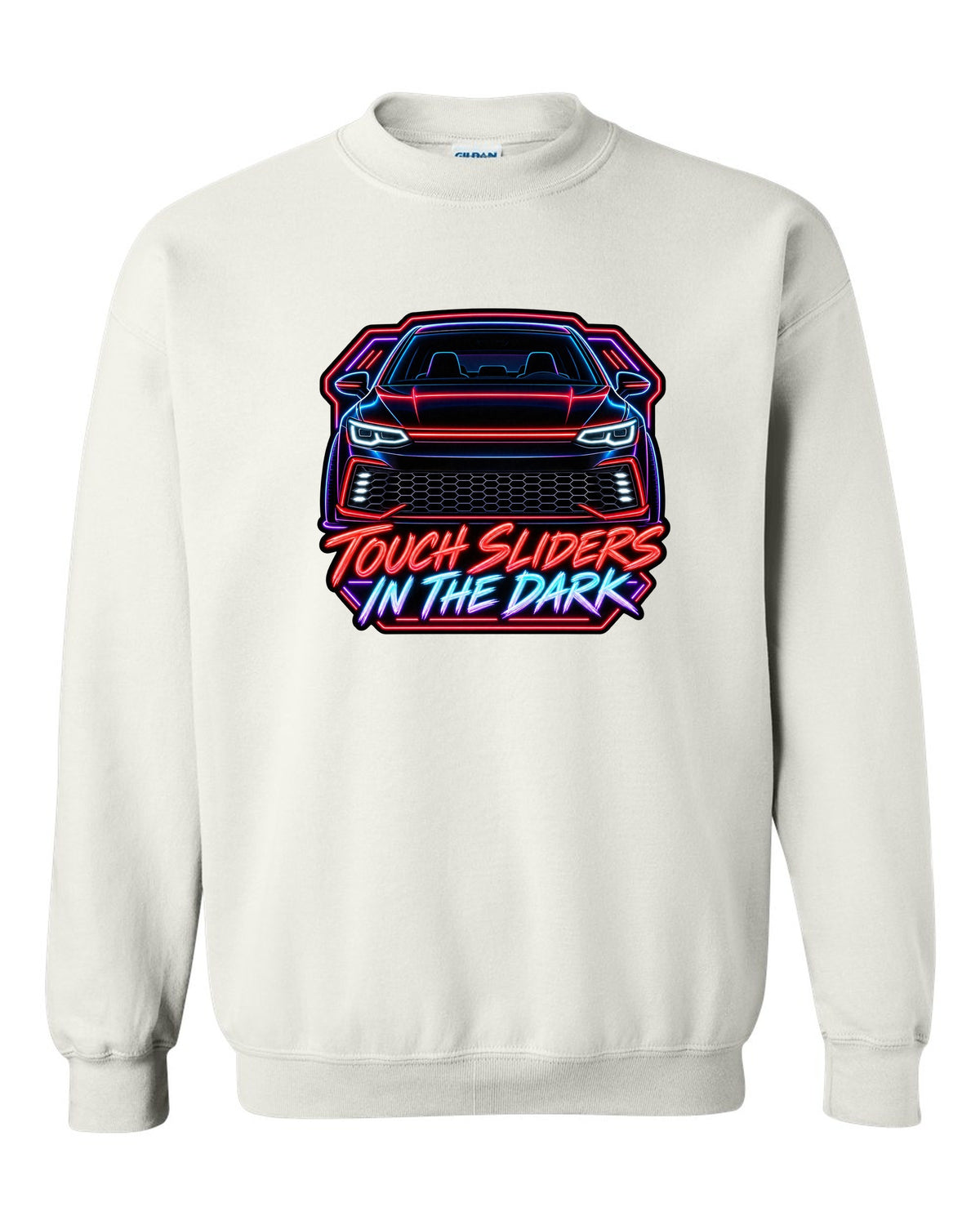 Neon sign line art of a VW Golf Mk8 GTI with touch sliders in the dark text white crewneck front view with the design
