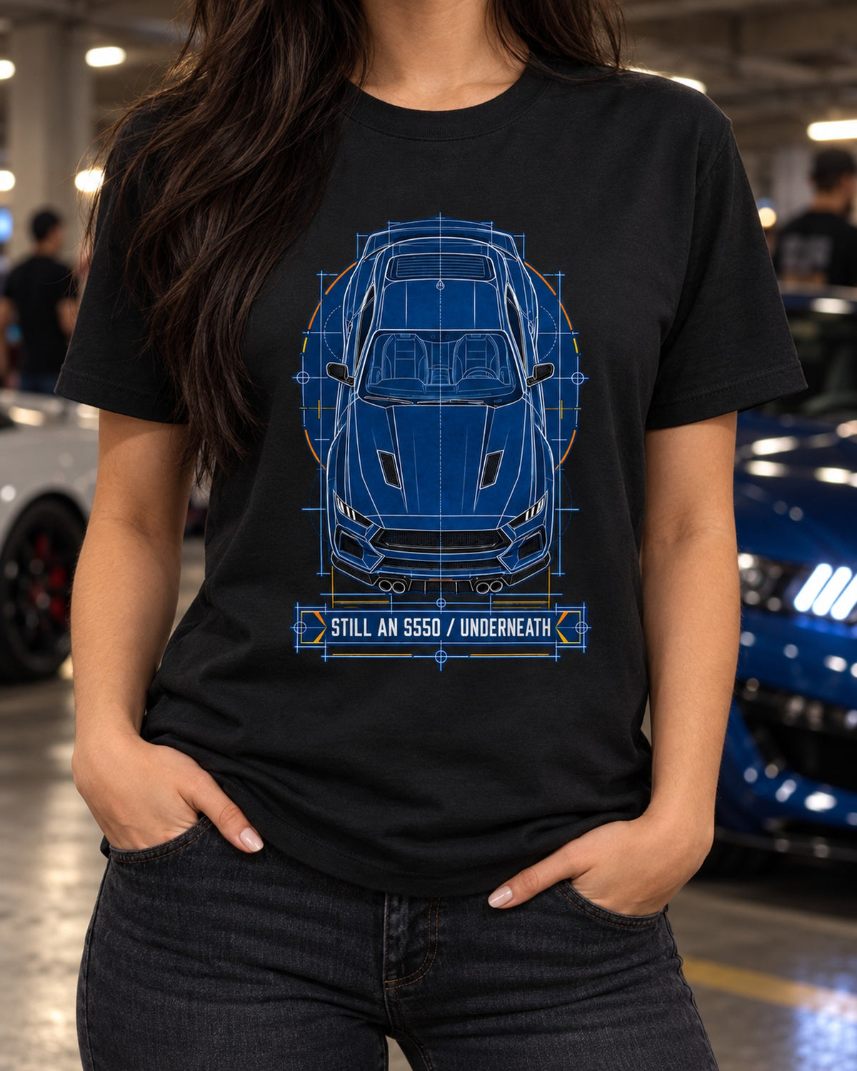 S650 Mustang Cyanotype Blueprint Shirt, Still An S550 Underneath T-Shirt Black worn hero