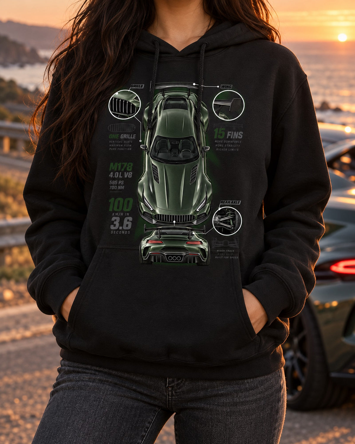 Mercedes-AMG GT R C190 Spec Poster Shirt, Fifteen Fins Pull Over Hoodie Black worn hero