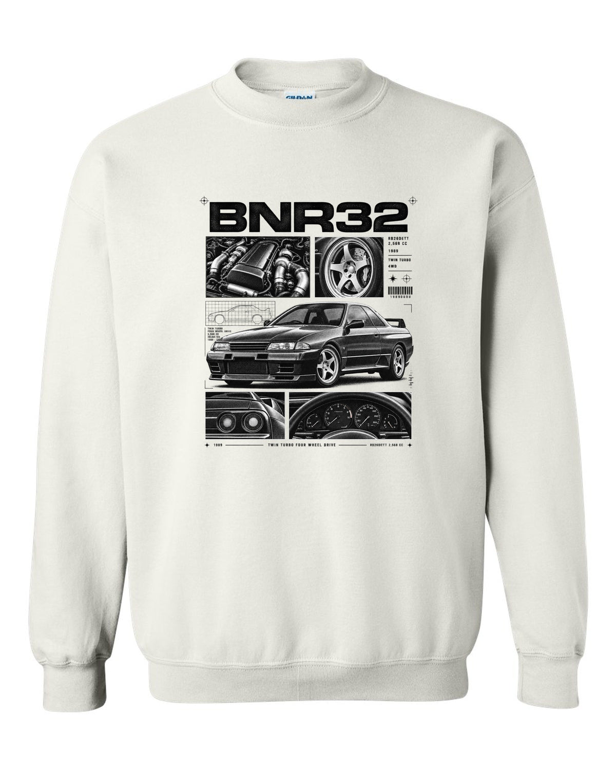 Dossier panel print of a Nissan Skyline GT-R R32 BNR32 with RB26DETT specs white crewneck front view with the design