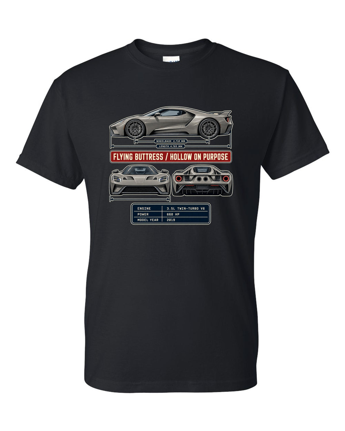 print of a 2019 Ford GT three-view drawing with spec table and flying buttress text black t-shirt front view with the design