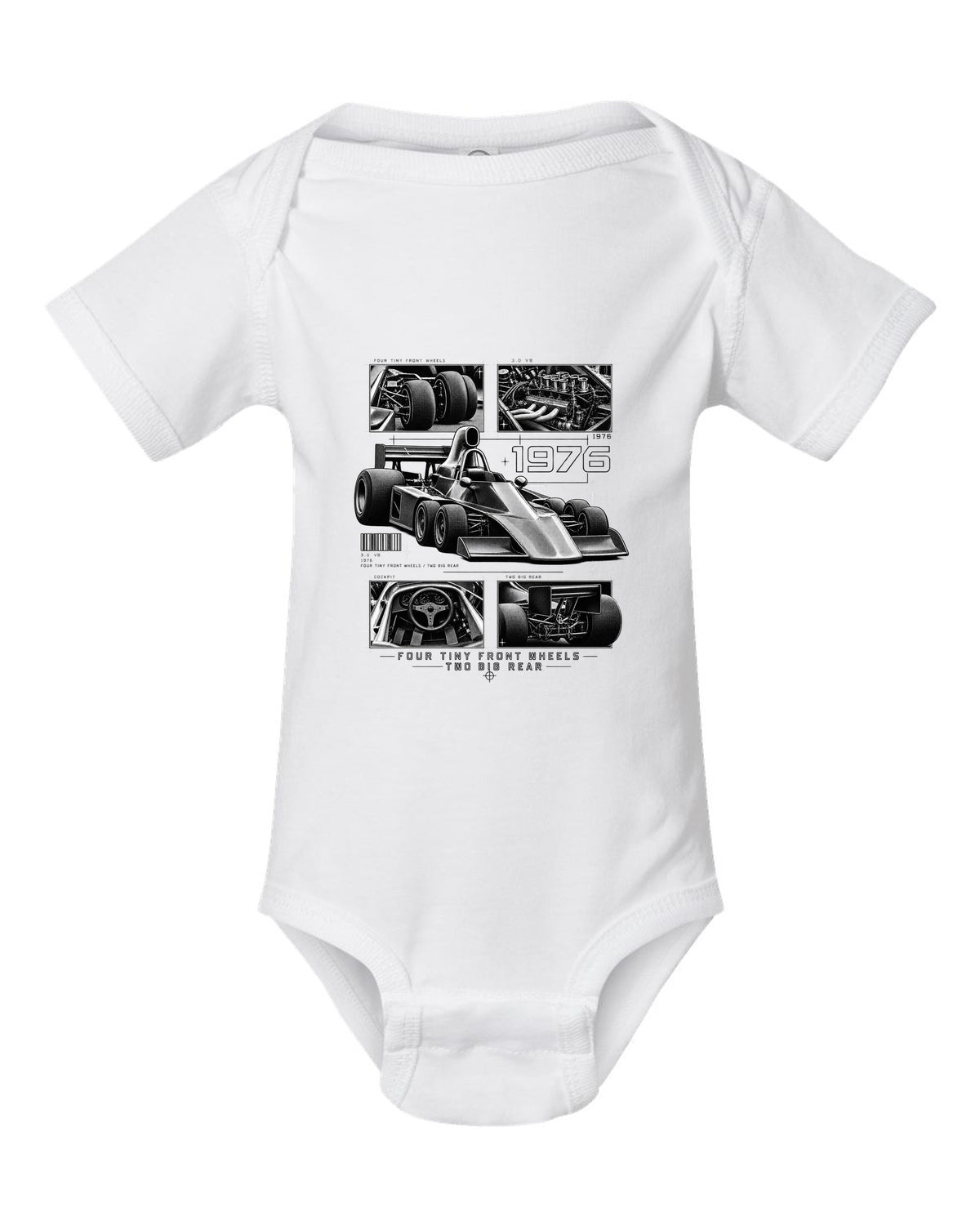 Tyrrell P34 six-wheel F1 car dossier panel print white baby onesie front view with the design