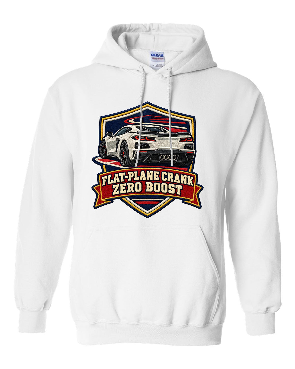 Graffiti street stencil of a 2019 C7 ZR1 Corvette with supercharger window on a wall white pull over hoodie front view with the design