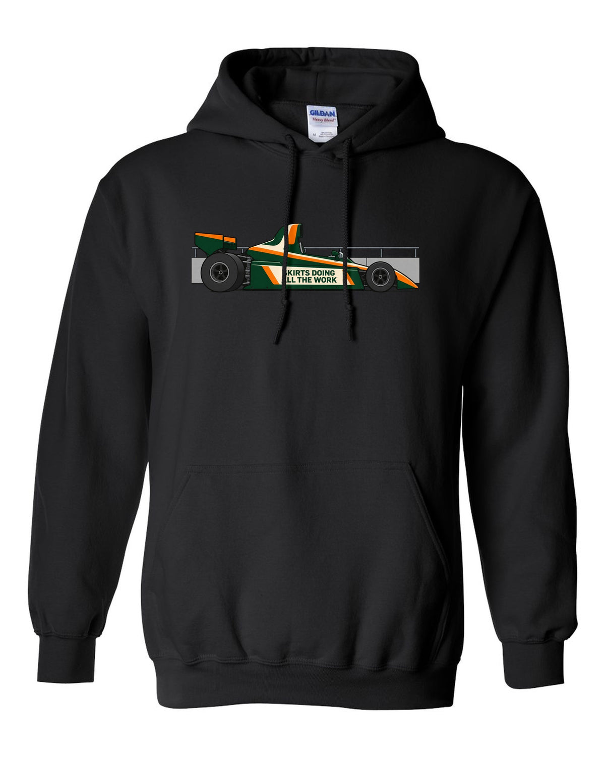 Flat vector Lotus 79 Formula 1 car with the lettering skirts doing all the work black pull over hoodie front view with the design
