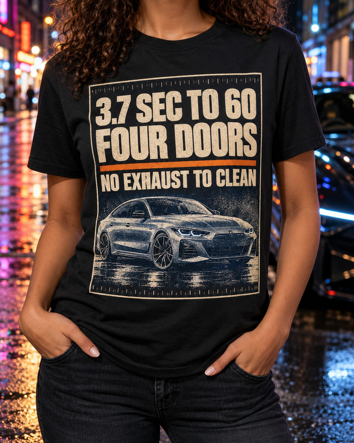 BMW i4 M50 G26 Halftone print Shirt, EV Car Guy Gift T-Shirt Black worn hero