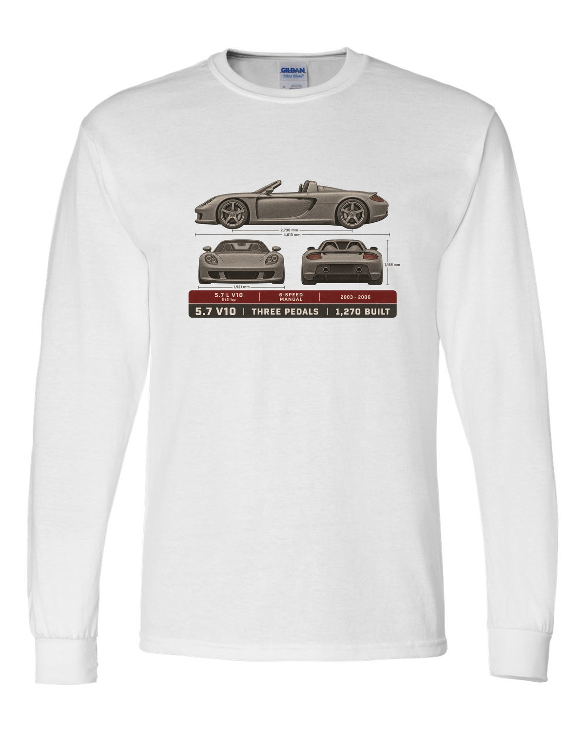 Porsche Carrera GT three-view and spec table print design white long sleeve front view with the design