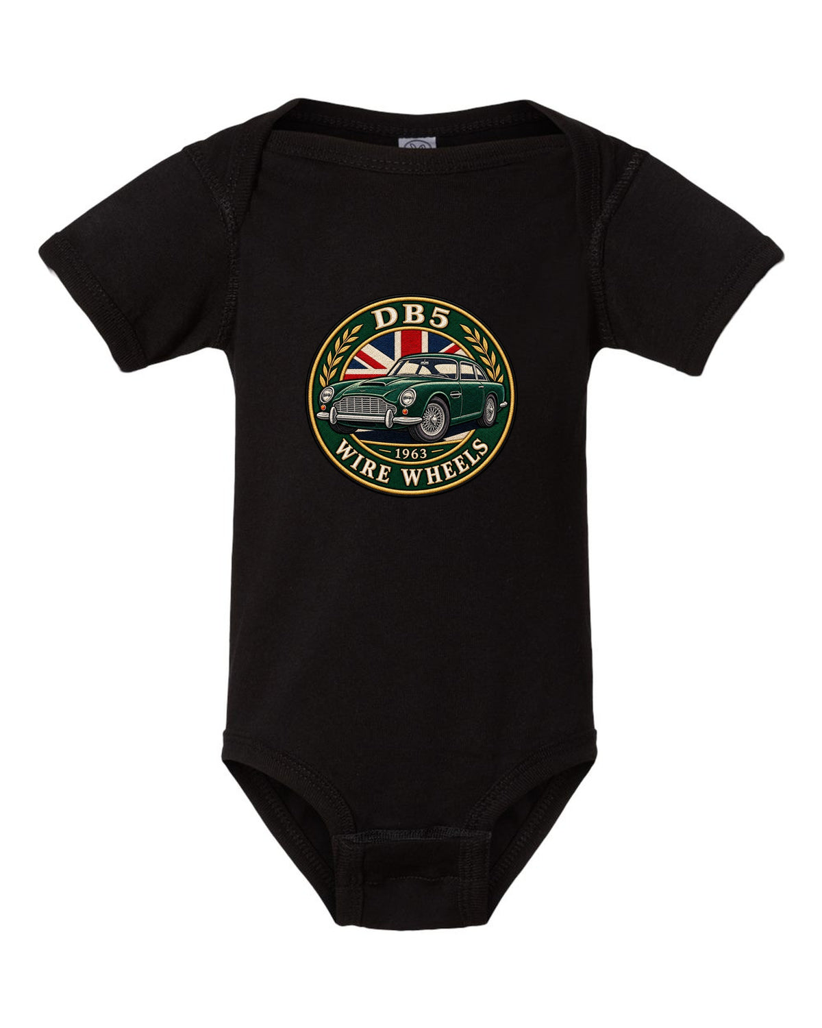 Aston Martin DB5 varsity crest with DB5 1963 WIRE WHEELS lettering black baby onesie front view with the design