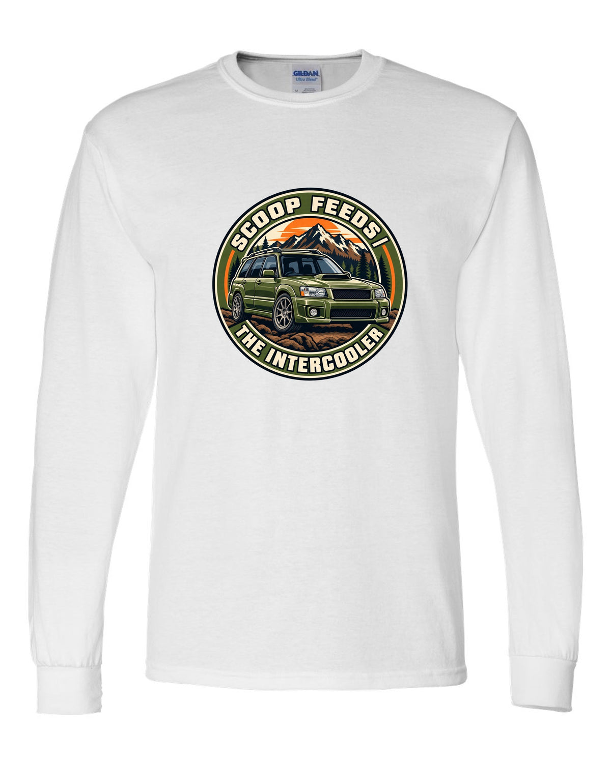 Round embroidered-style crest for a Subaru Forester SG9 about the hood scoop feeding the intercooler white long sleeve front view with the design