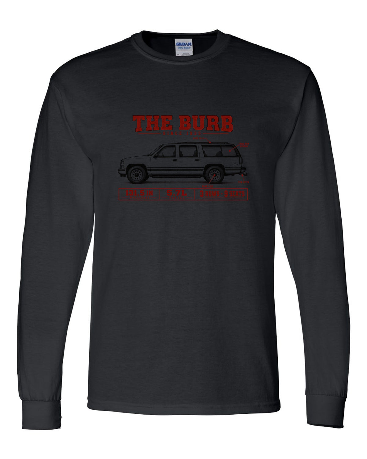 1992-99 Chevy Suburban GMT400 spec poster print black long sleeve front view with the design