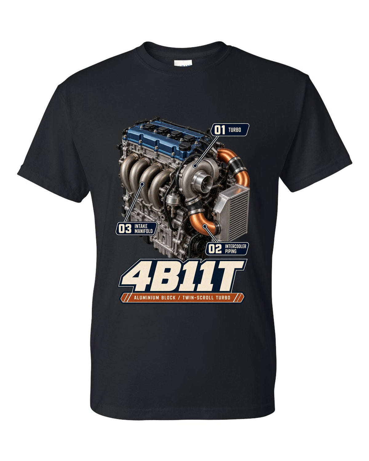 Mitsubishi Lancer Evolution X 4B11T engine bay poster print black t-shirt front view with the design