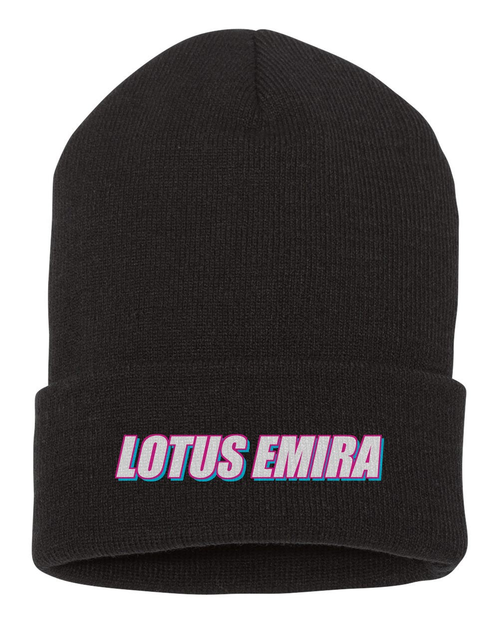Lotus Emira black beanie front view with car name