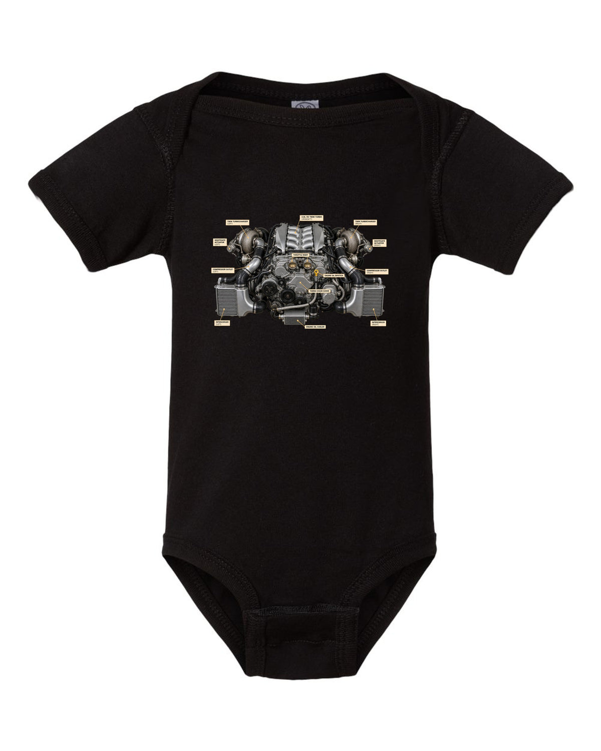Nissan GT-R R35 2009 Premium dimension blueprint with engine text black baby onesie front view with the design