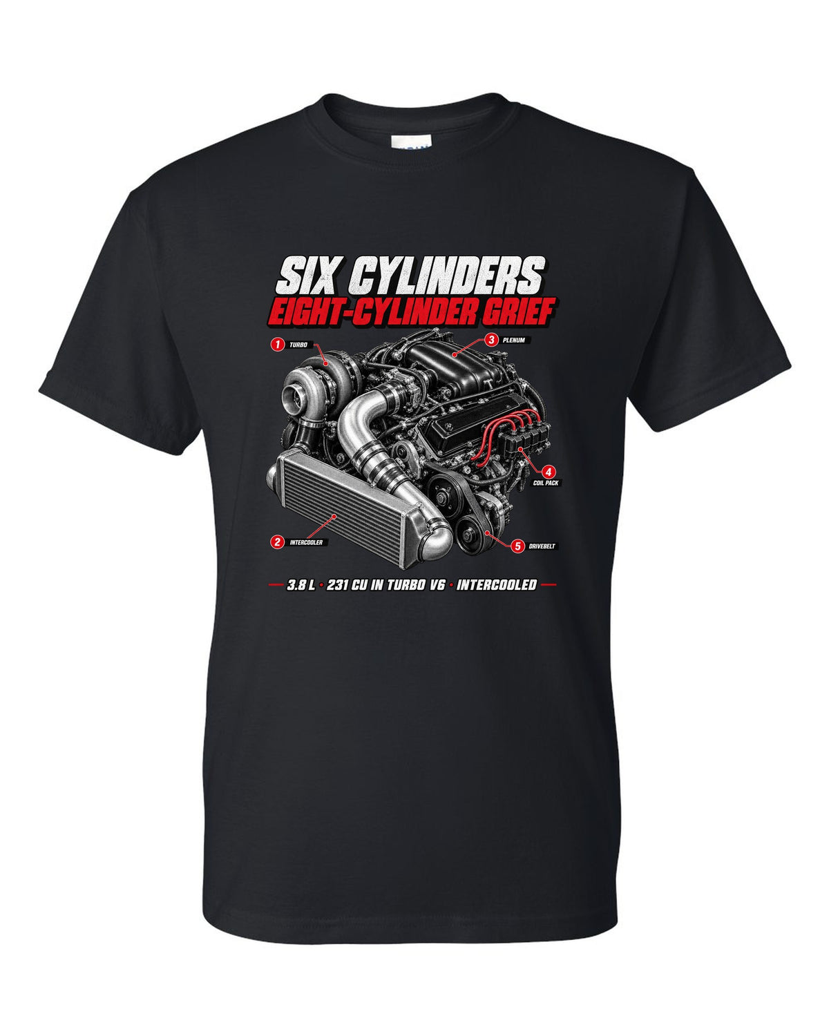1987 Buick Grand National 3.8 turbo V6 engine callout print black t-shirt front view with the design