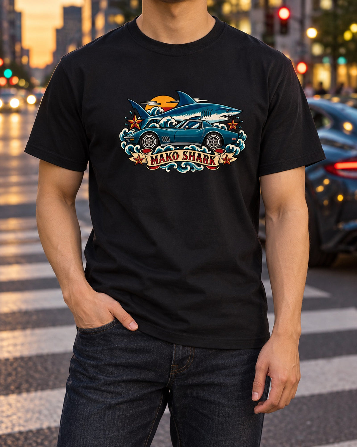 1968 Corvette C3 Stingray Mako Shark Retro Tattoo Flash Shirt T-Shirt Black worn hero