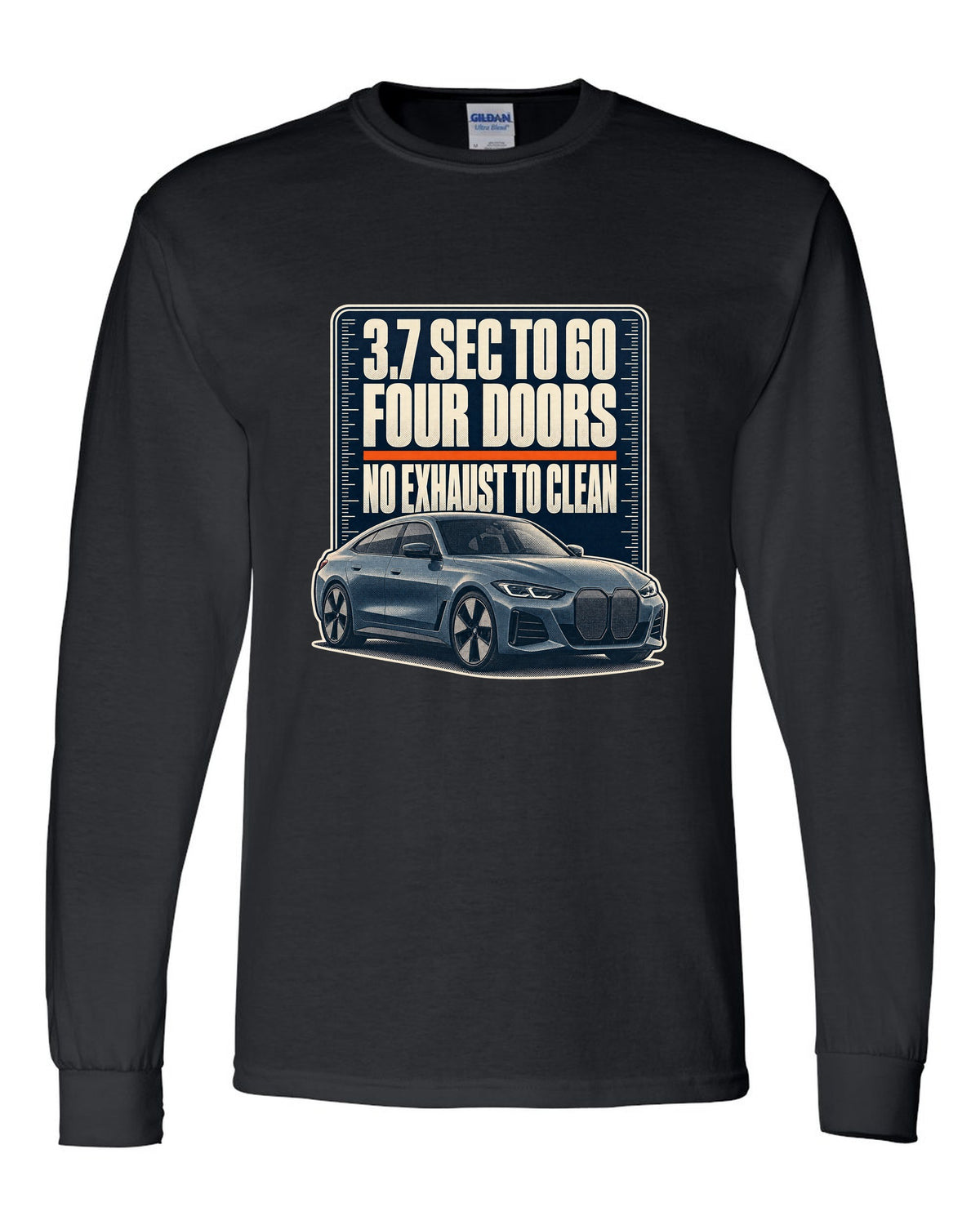 Halftone print of the BMW i4 M50 G26 with 3.7 second 0-60 time black long sleeve front view with the design