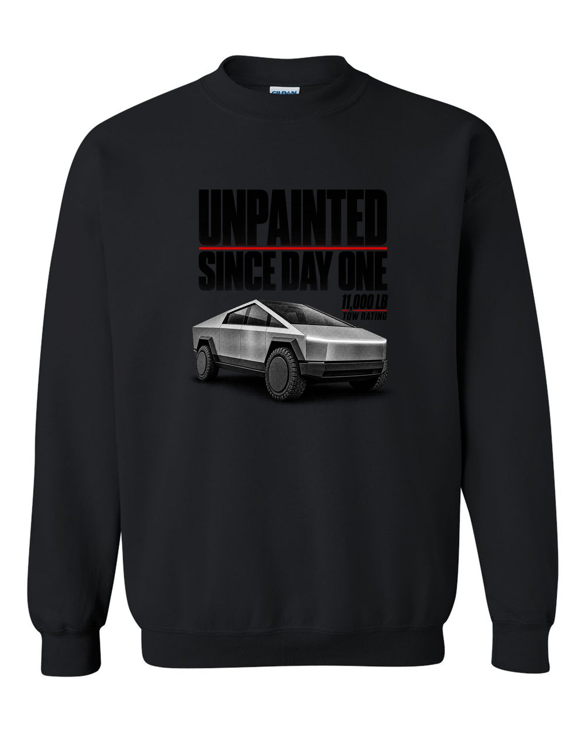 Halftone Tesla Cybertruck 2023 with unpainted since day one and 11,000 lb tow rating text black crewneck front view with the design
