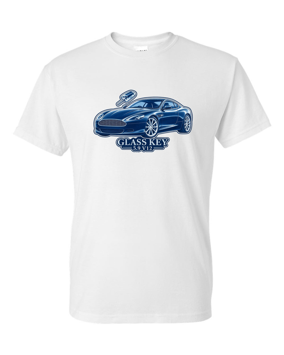Cel-shaded anime night street print of a 2005 Aston Martin V8 Vantage in rain with glass key lettering white t-shirt front view with the design