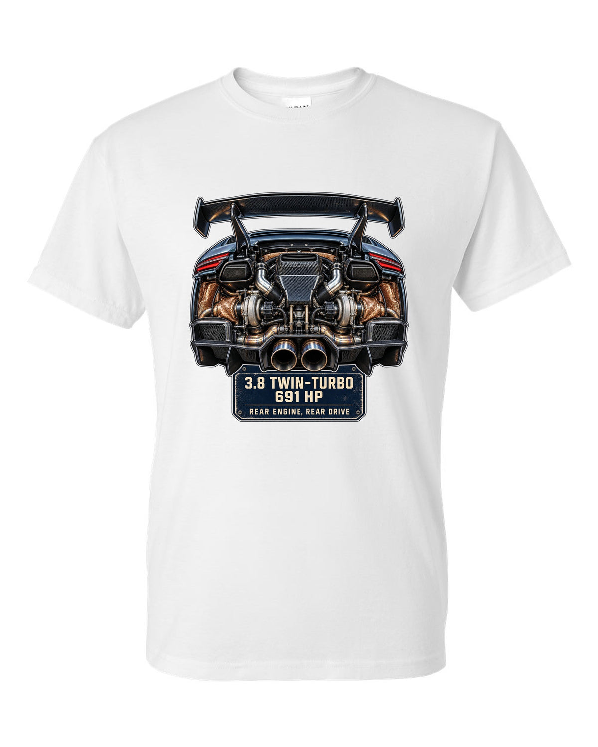 Engine hero print of a Porsche 911 GT2 RS 991.2 twin-turbo flat-six white t-shirt front view with the design