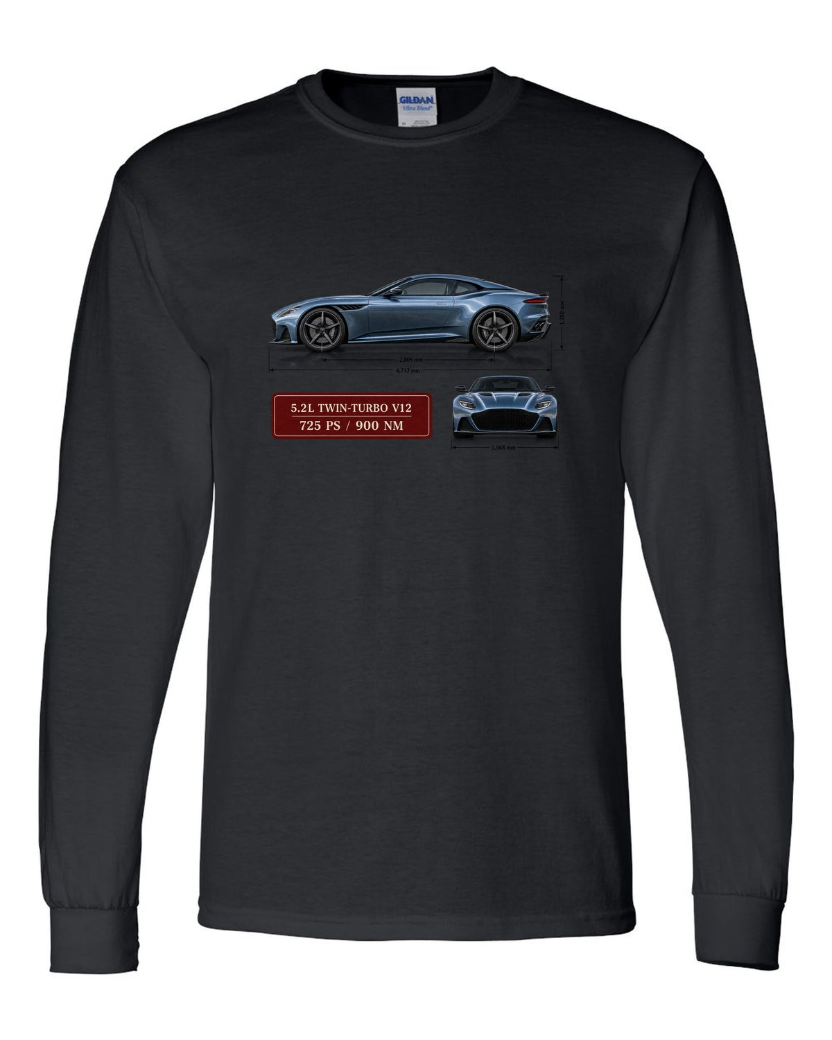 Aston Martin DBS Superleggera 2018 spec sheet print with 5.2L V12 725 PS 900 Nm black long sleeve front view with the design
