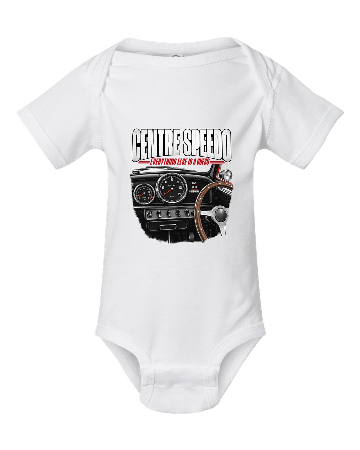 print of the 1967 Classic Mini Cooper S interior with centre speedometer and 1275 spec lettering white baby onesie front view with the design