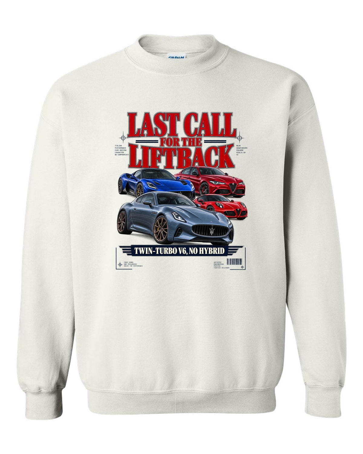 Kia Stinger GT final year editorial headline print white crewneck front view with the design