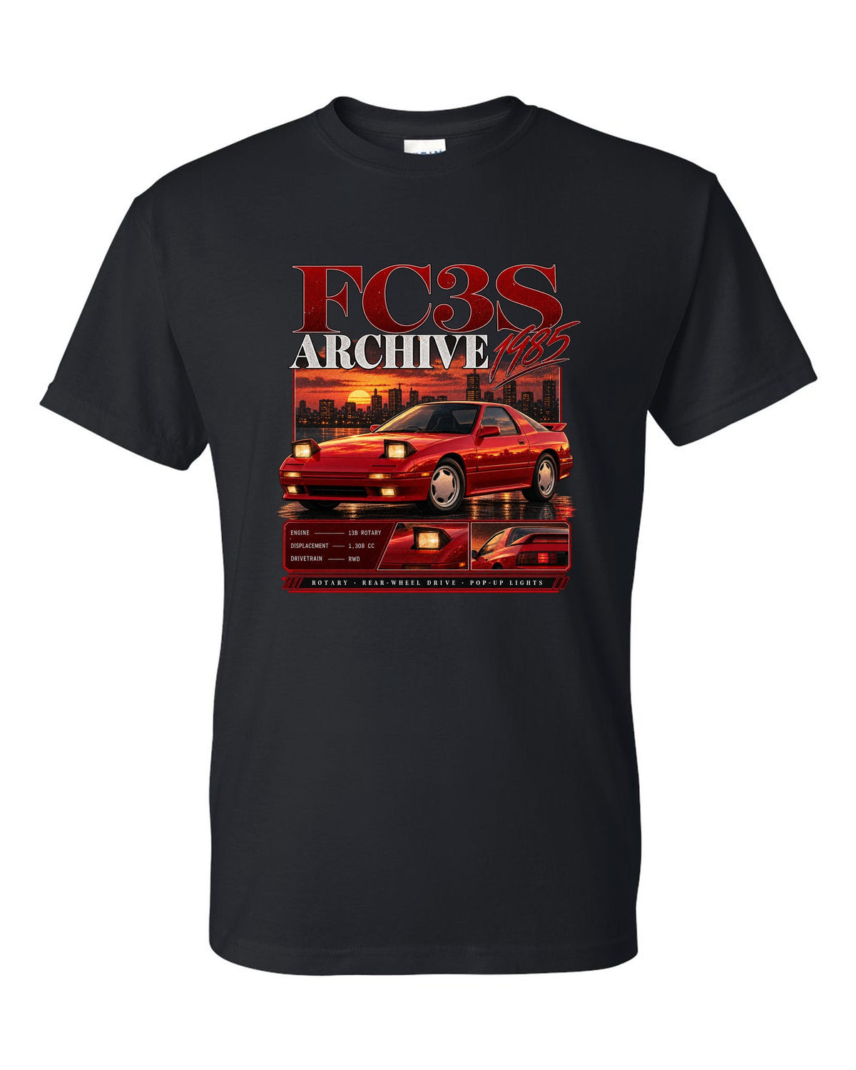 Archive panel print of a Mazda RX-7 FC3S with 13B rotary specs black t-shirt front view with the design