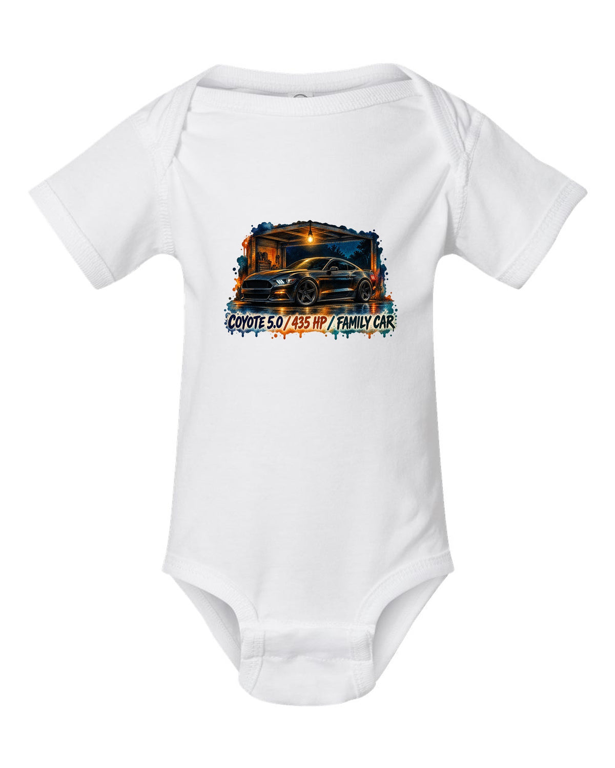 Watercolour night print of a Ford Mustang S550 GT with Coyote 5.0 435 HP family car text white baby onesie front view with the design