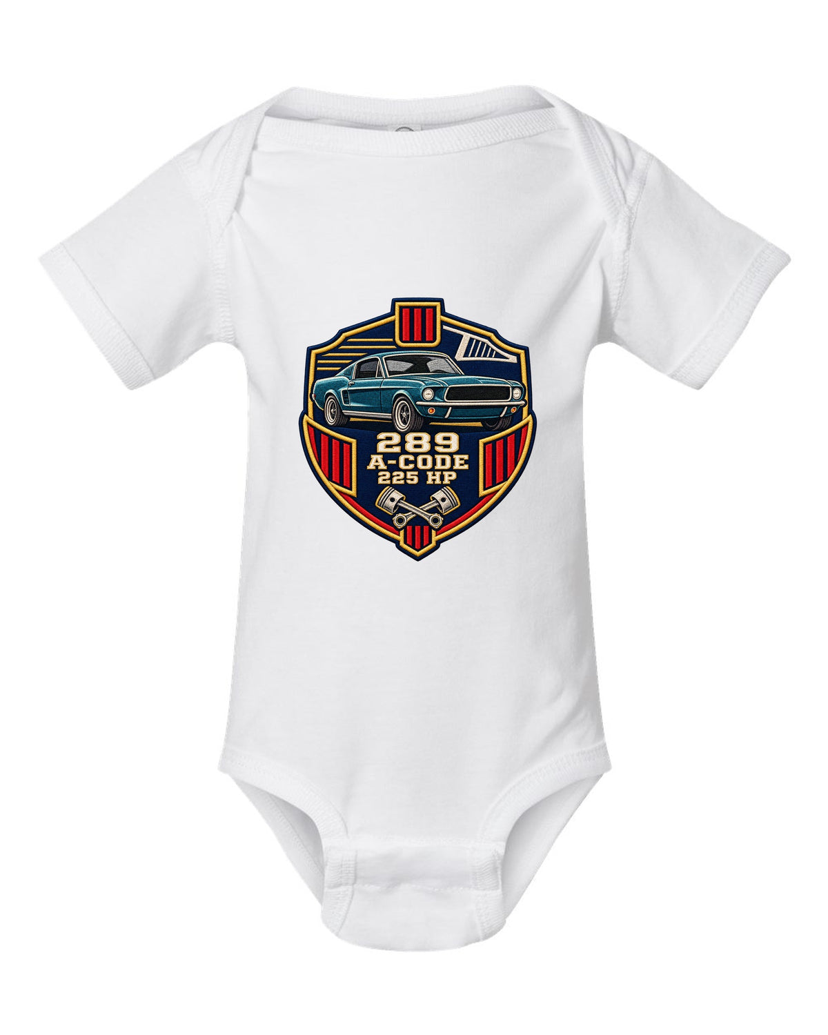 Embroidery-style varsity crest print for a 1967 Ford Mustang fastback A-Code 289 white baby onesie front view with the design