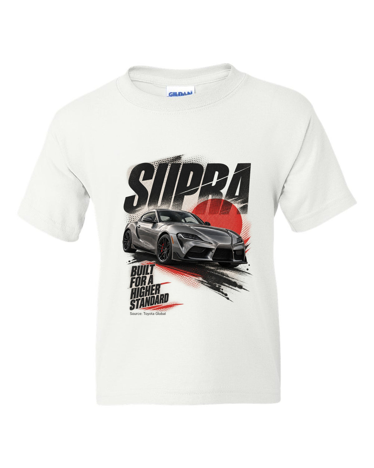 Interior cockpit and gauge view of the Toyota GR Supra A91-MT with rev-match text white kids tee front view with the design