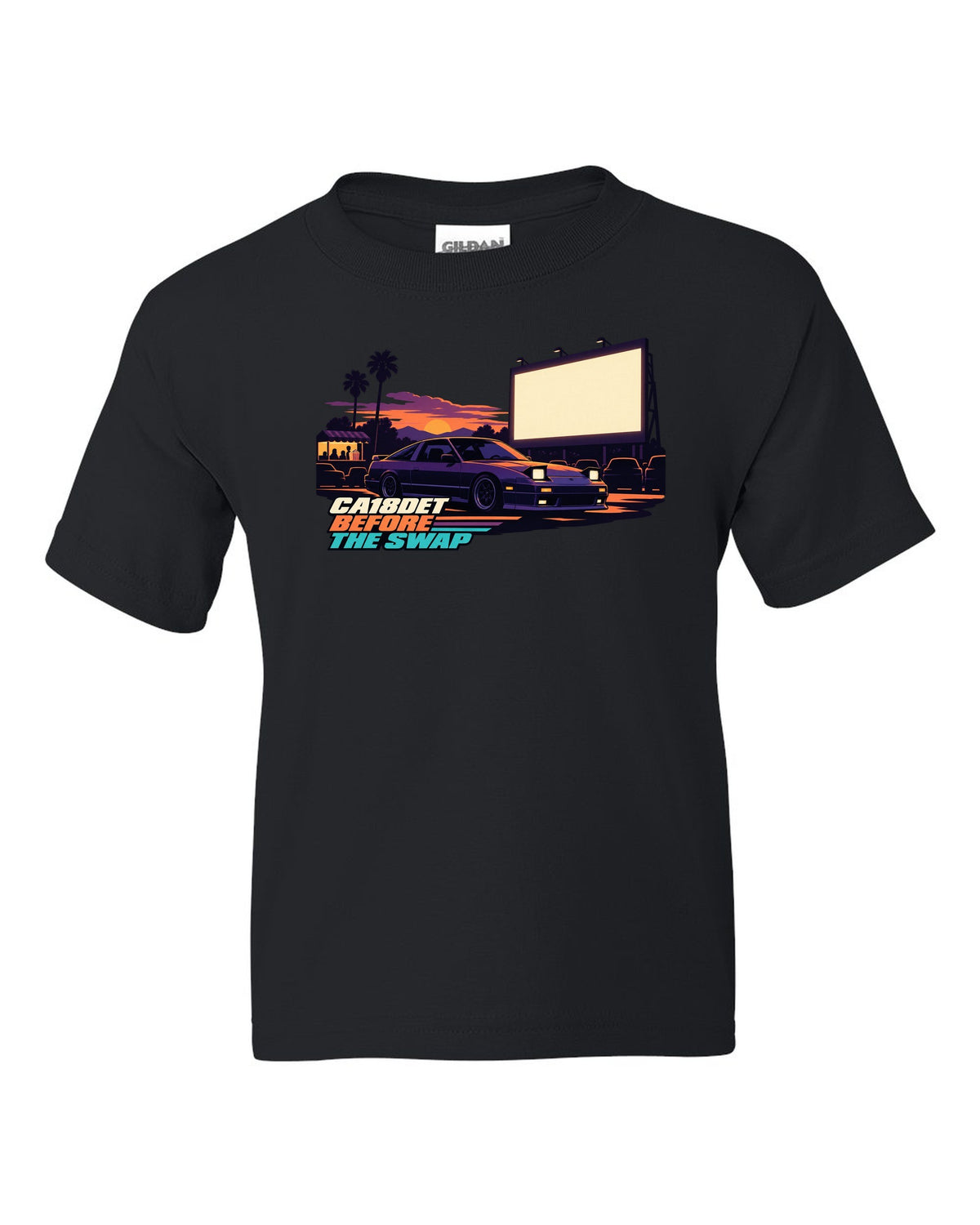 Flat vector drive-in print of a Nissan 180SX S13 with CA18DET before the swap lettering black kids tee front view with the design