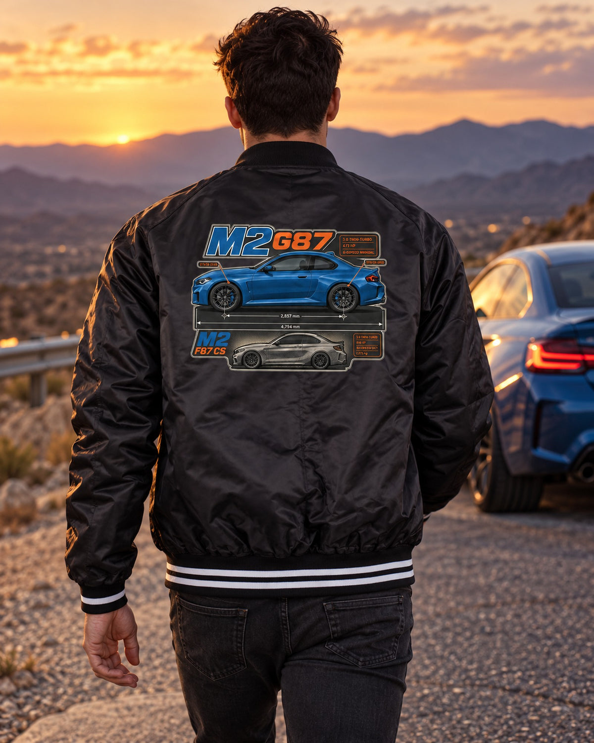 BMW M4 G82 Dimension Blueprint Shirt, Six-Speed Manual Car Tee Bomber Jacket Black worn hero