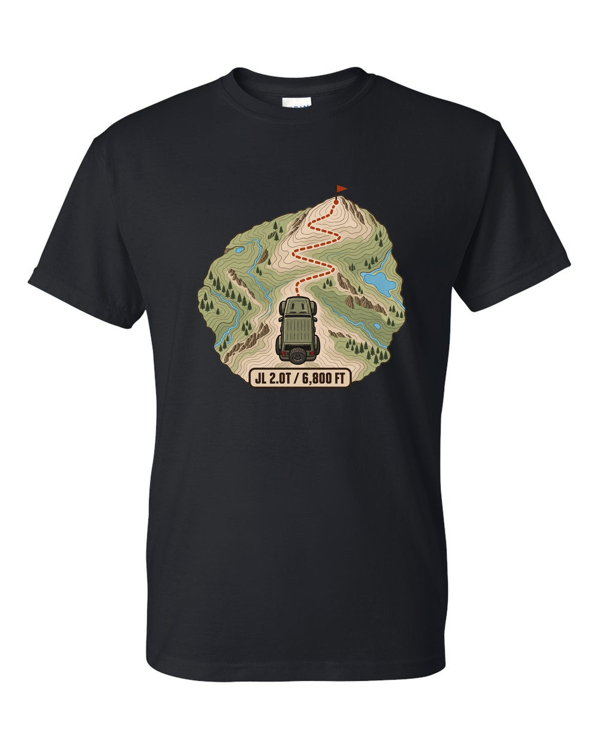 Jeep Wrangler JL 2.0T topographic contour map design with route line and 6,800 ft text black t-shirt front view with the design