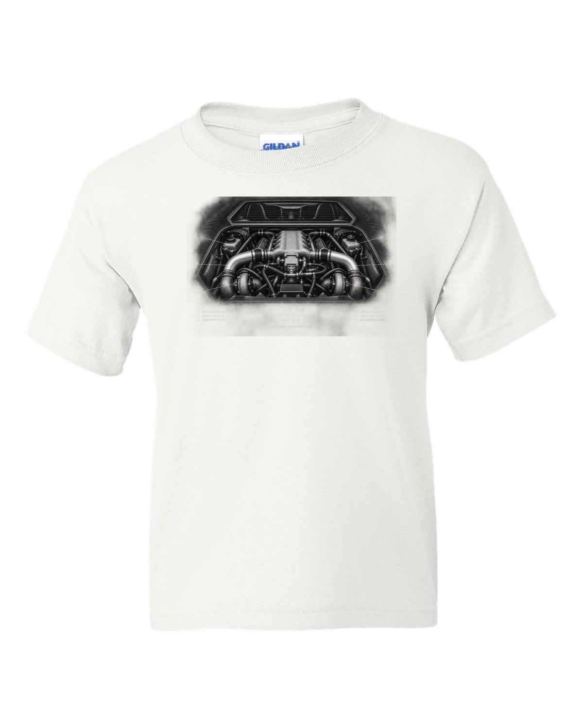 Engine hero print of a 1996 Lotus Esprit V8 with twin-turbo midship 3.5 V8 text white kids tee front view with the design