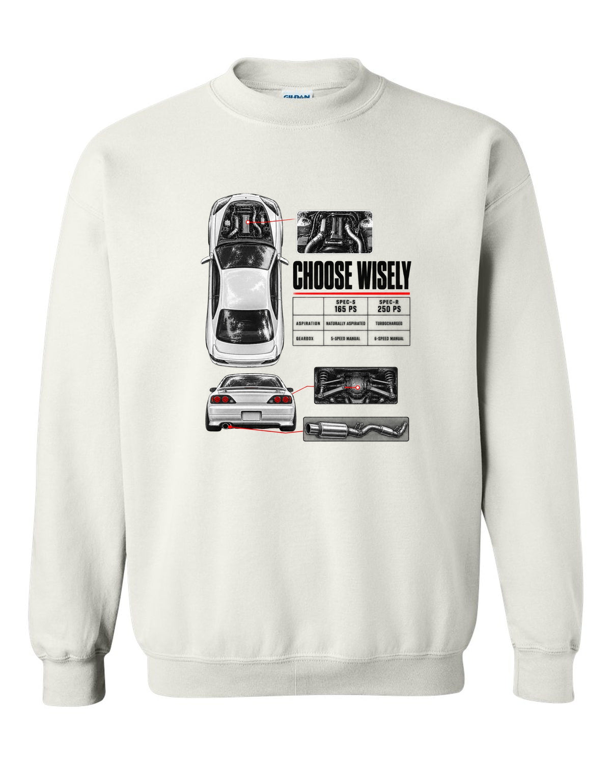 Spec poster of a Nissan Silvia S15 comparing Spec-S 165 PS and Spec-R 250 PS with Choose Wisely lettering white crewneck front view with the design