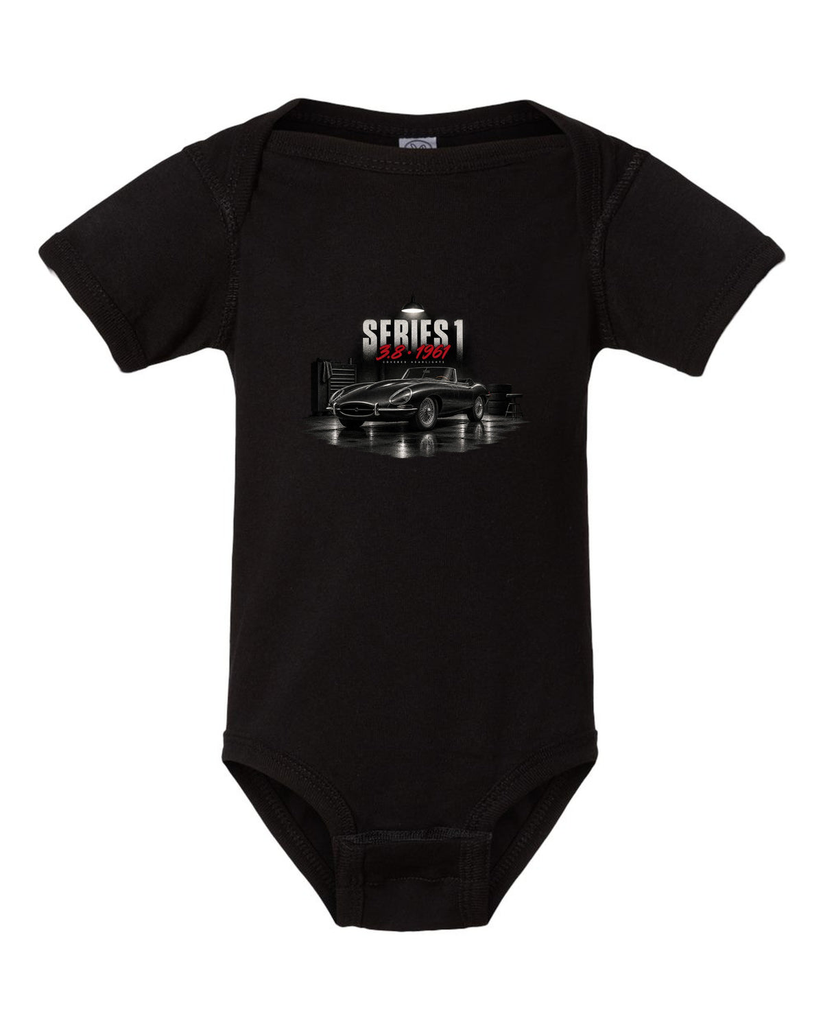Garage night print of a 1961 Jaguar E-Type Series 1 3.8 with covered headlights and wire wheels black baby onesie front view with the design