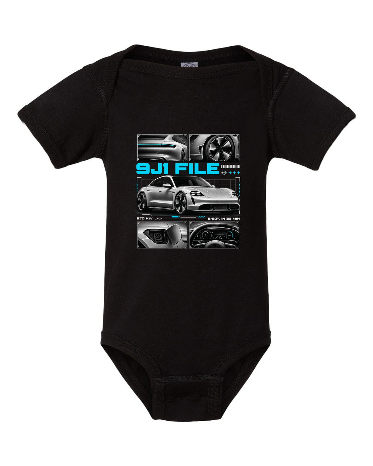 Porsche Taycan Turbo S 9J1 dossier panel design with charging figures black baby onesie front view with the design
